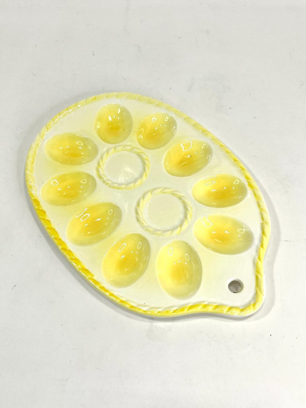 Vintage LEGO Japan Ceramic Deviled Egg Serving Dish Tray Yellow & White